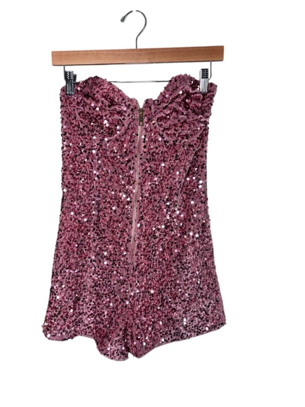 Fashion Nova Pink Sequin Strapless Romper Gold Zipper Large